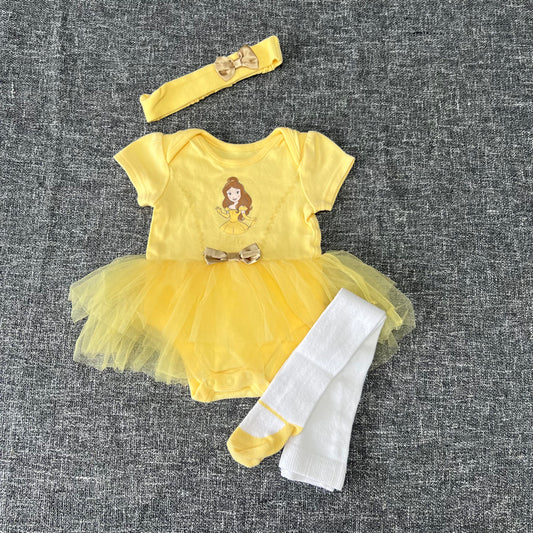 Girls 3-6 Month Disney Belle Yellow Bodysuit Dress, Headband & Tights Outfit