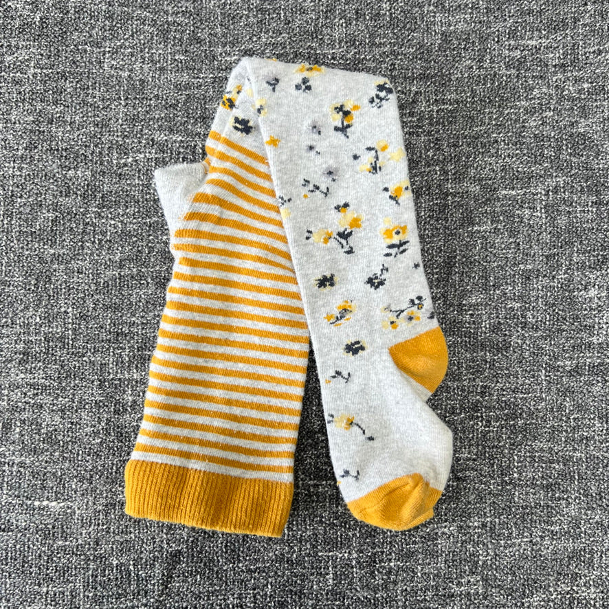 Girls 2-3 Year Grey & Yellow Flower Print Tights