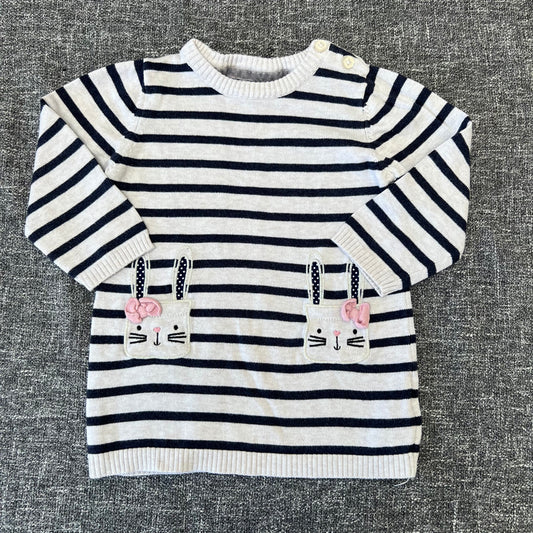 Girls 12-18 Month Beige & Blue Striped Long Sleeved Knitted Jumper Dress