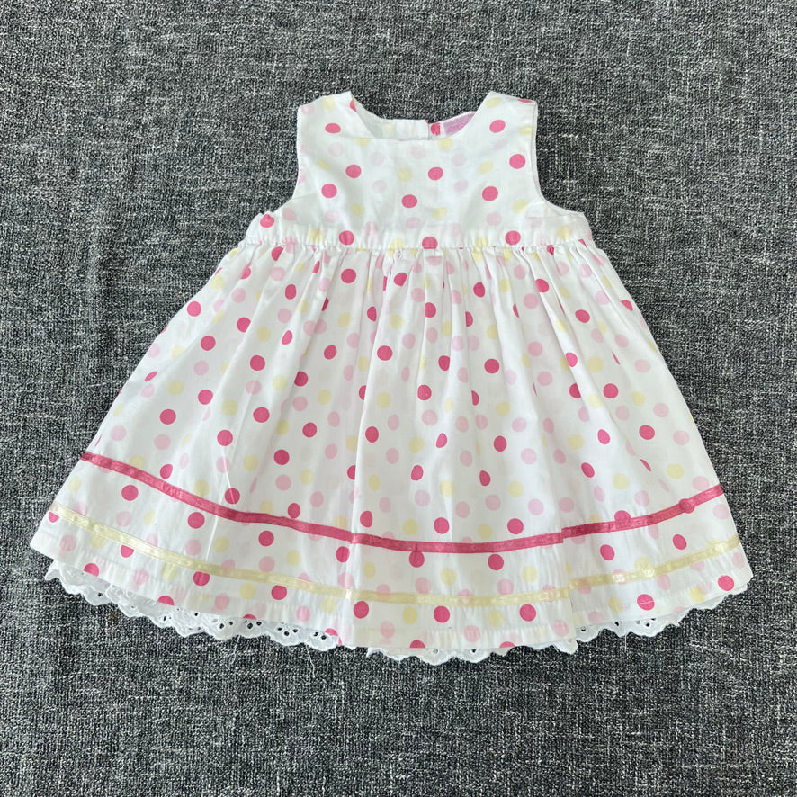 Girls 6-9 Month White Summer Dress With Pink & Yellow Spots