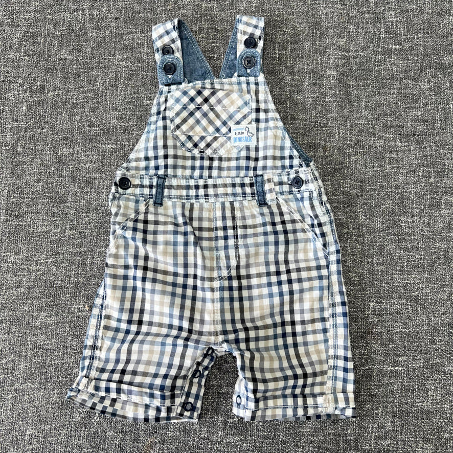 Boys 6-9 Month Blue, White & Beige Checked "Mummy's Little Dinosaur" Summer Dungarees