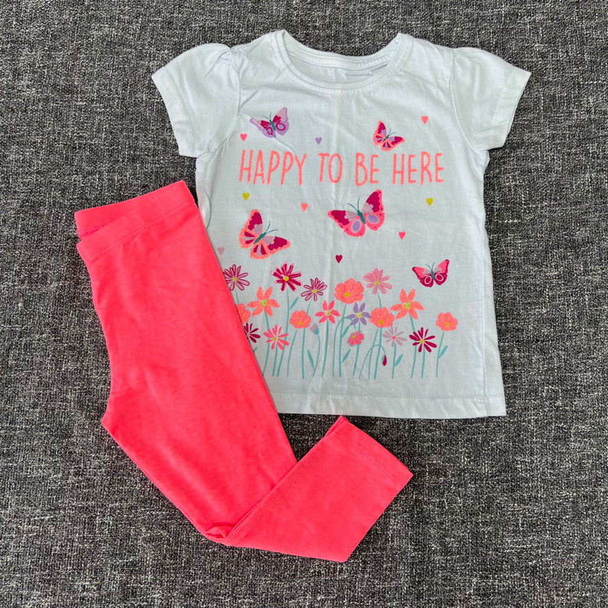 Girls 18-24 Month "Happy To Be Here" White & Fluorescent Pink T-shirt & Leggings Outfit / Set