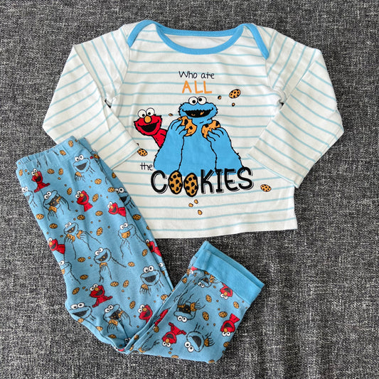 Boys 18-24 Month Blue & White Cookie Monster "WHo Ate All The Cookies??" Pjs