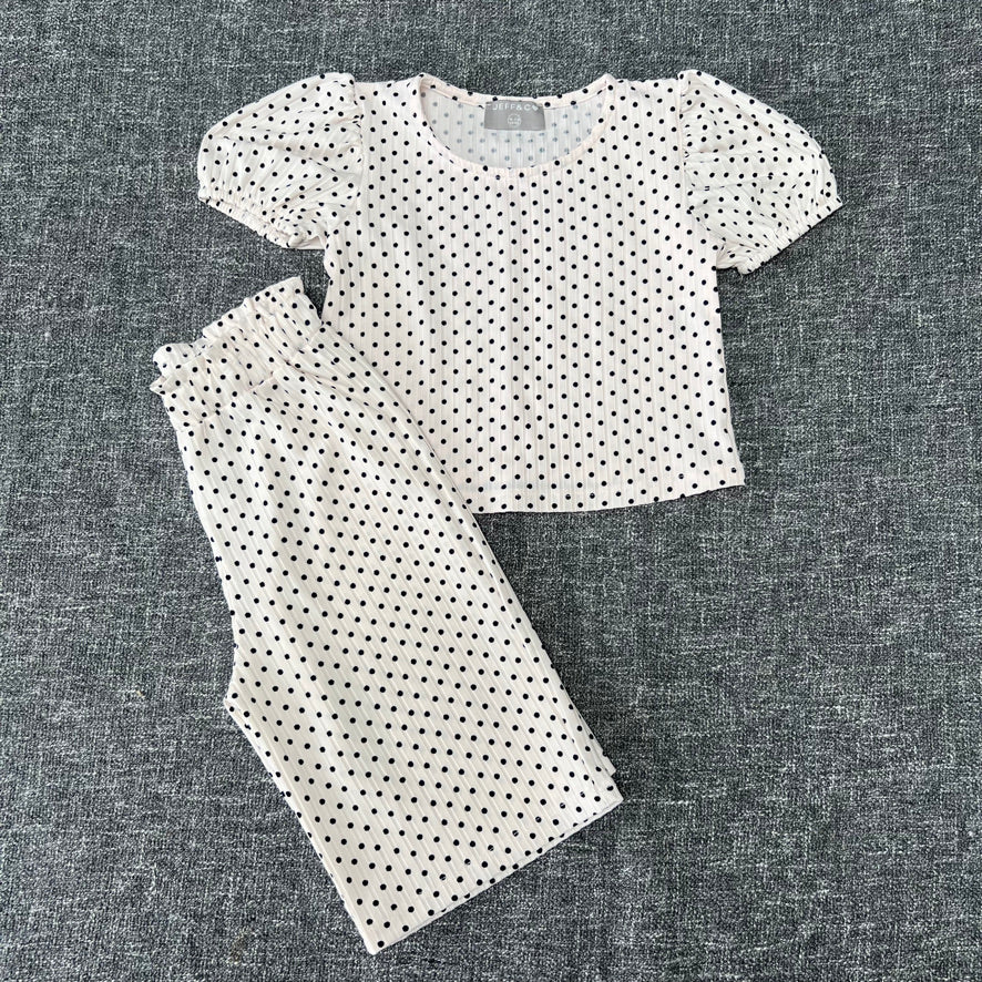 GIrls 18-24 Month Cream Ribbed Short Sleeved Top & Matching Cropped Trousers With Black Spots Outfit