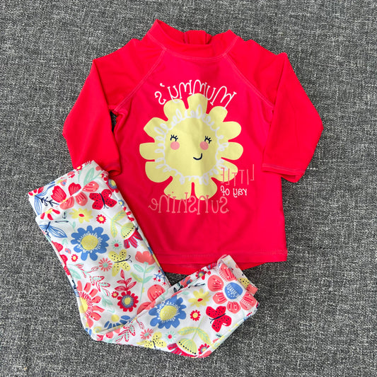 Girls 9-12 Month Red & White Swim Top & Bottoms With A Floral Theme "Mummy's Little Ray Of Sunshine"