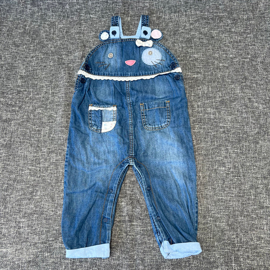 GIrls 12-18 Month Blue Denim Dungarees With Cat Face