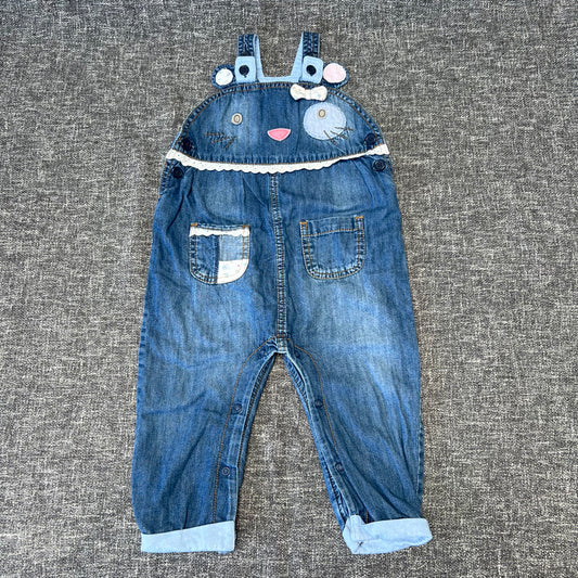 GIrls 12-18 Month Blue Denim Dungarees With Cat Face