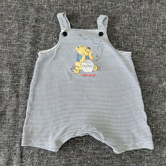 Boys 6-9 Month White & Blue Striped Summer Dungarees with Appliquéd "Pooh Bear"(PIP)