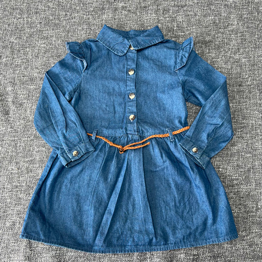 GIrls 18-24 Month Blue Long Sleeved Dress With Belt