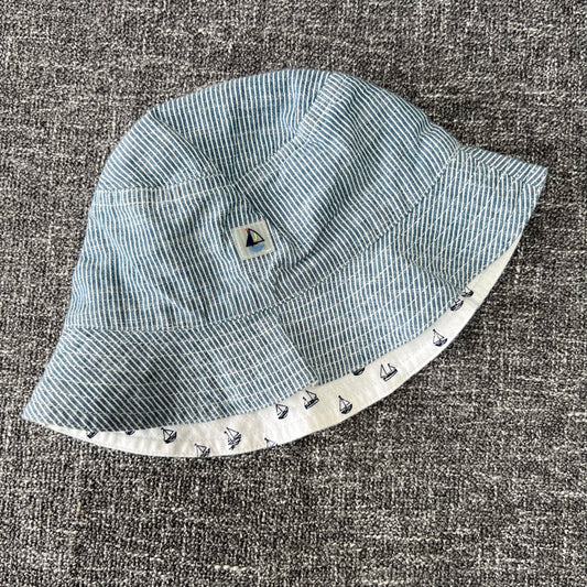 Boys 9-12 Month Blue & White Striped Sunhat With Boat Motif