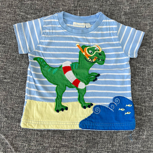 Boys 6-9 Month Blue & White Striped T-shirt With Appliquéd Dinosaur