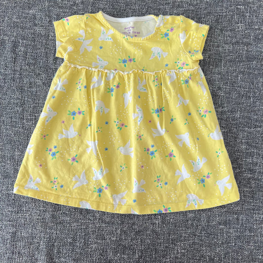 Girls 6-9 Month Yellow Jersey Summer Dress With White Bird & Flower Print