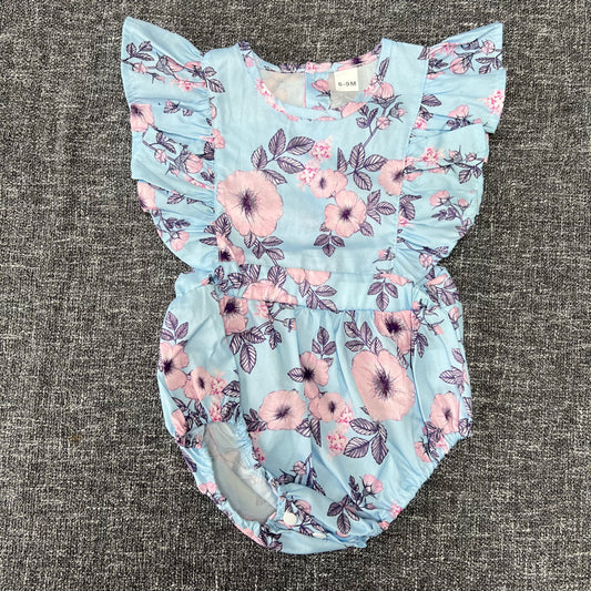 Girls 6-9 Month Blue Summer Romper With Pink Floral Print