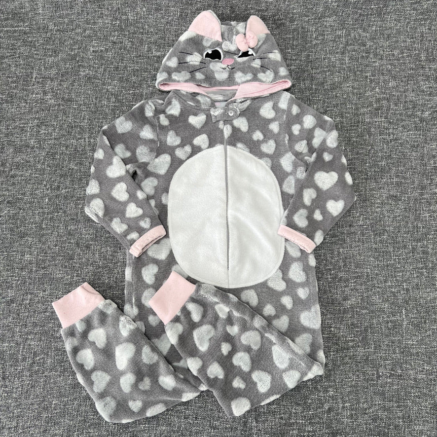 Girls 5-6 Year Grey Cat Fleece All-in-one / Onesie