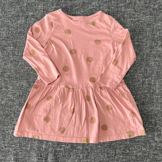 Girls 18-24 Month Pink Long SLeeved Dress With Gold Sppots