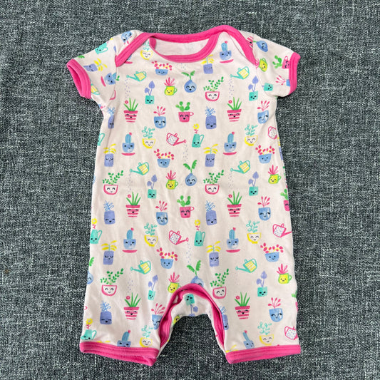 Girls 6-9 Month Pink  Summer Romper With Plant Pot Print