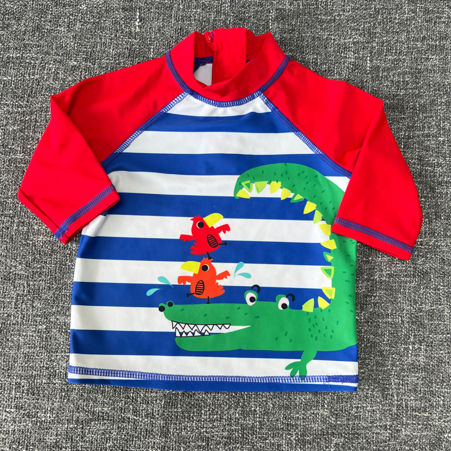 Boys 9-12 Month Blue & White Striped Swim Top With Red Sleeves & Crocodile