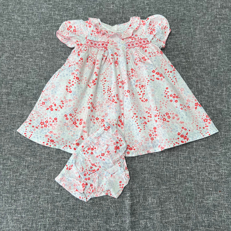 Girls 12-18 Month White Summer Dress & Knickers Outfit With A Floral & Rabbit Print