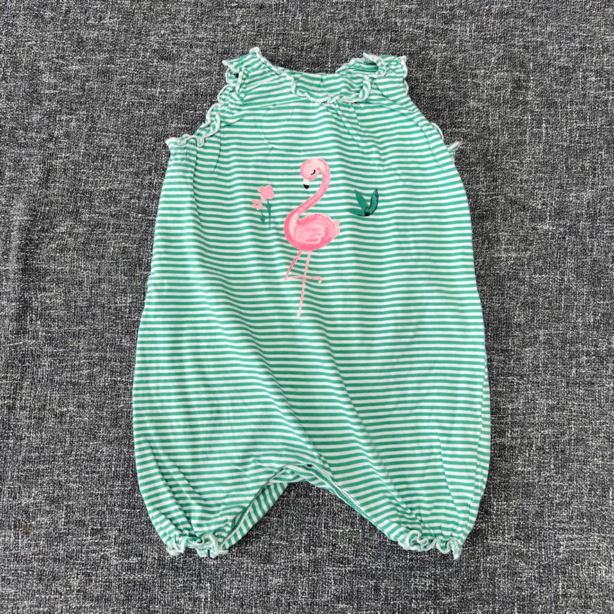 Girls 6-9 Month Green & White Striped Summer Romper With Printed Flamingo