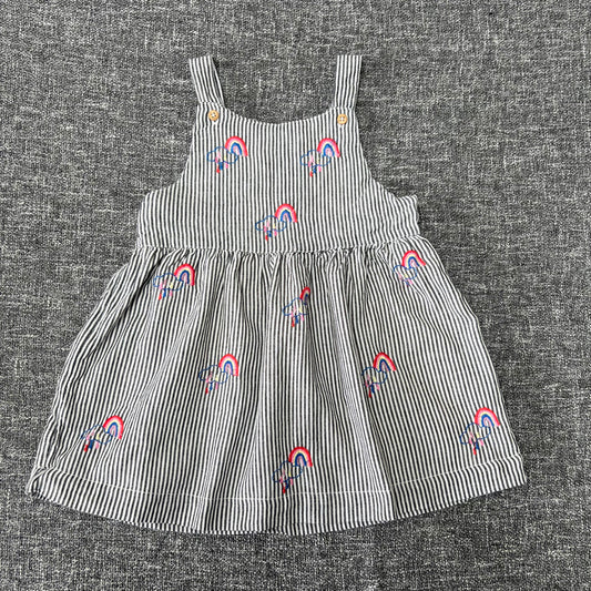 Girls 12-18 Month Black & White Striped Summer Pinafore Dress With Embroidered Rainbows & Clouds