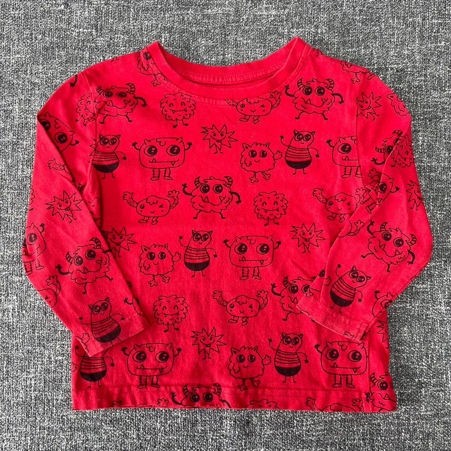 Boys 18-24 Month Red Long Sleeved Top With Monster Print