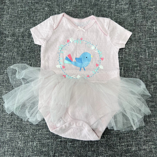 Girls 6-9 Month Pink Tutu Style Bodysuit Dress With Printed Bird (PIP)