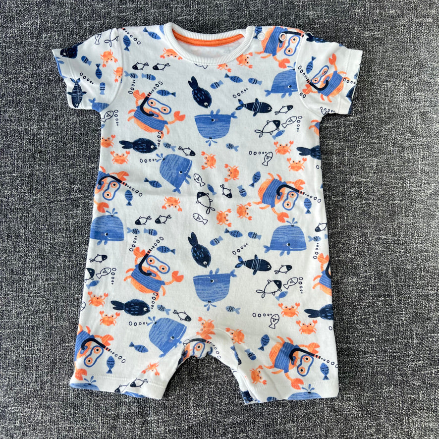 Boys 9-12 Month White & Blue Fish Print Summer Romper