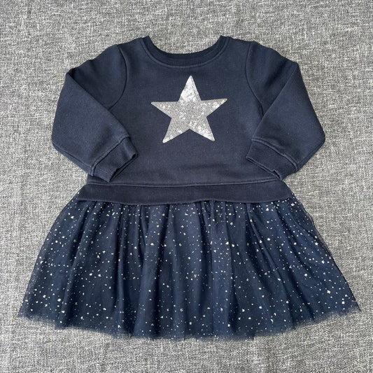 Girls 2-3 Year Navy Blue Long Sleeved Sweatshirt Dress With Stars On The Skirt