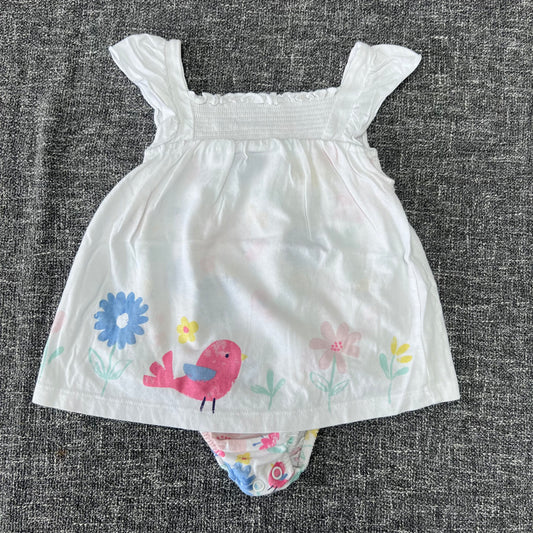 Girls 6-9 Month White Summer Bodysuit Dress With Printed Bird & Flowers