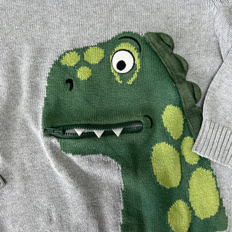 Boys 5-6 Year Grey & Green Dinosaur Jumper With Zip Mouth