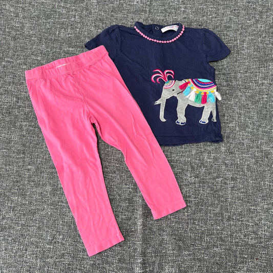 Girls 12-18 Month Pink & Blue T-shirt & Leggings Outfit With Appliqued Elephant