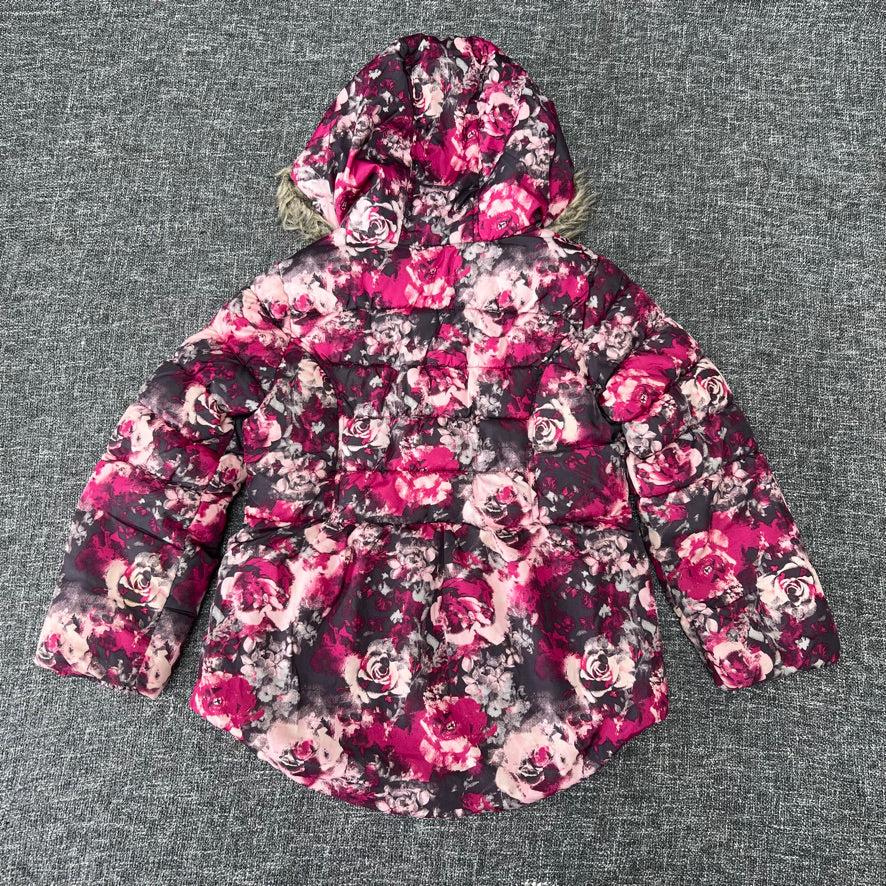 Girls 5-6 Year Pink 7 Grey Floral Print Winter Coat With Hood