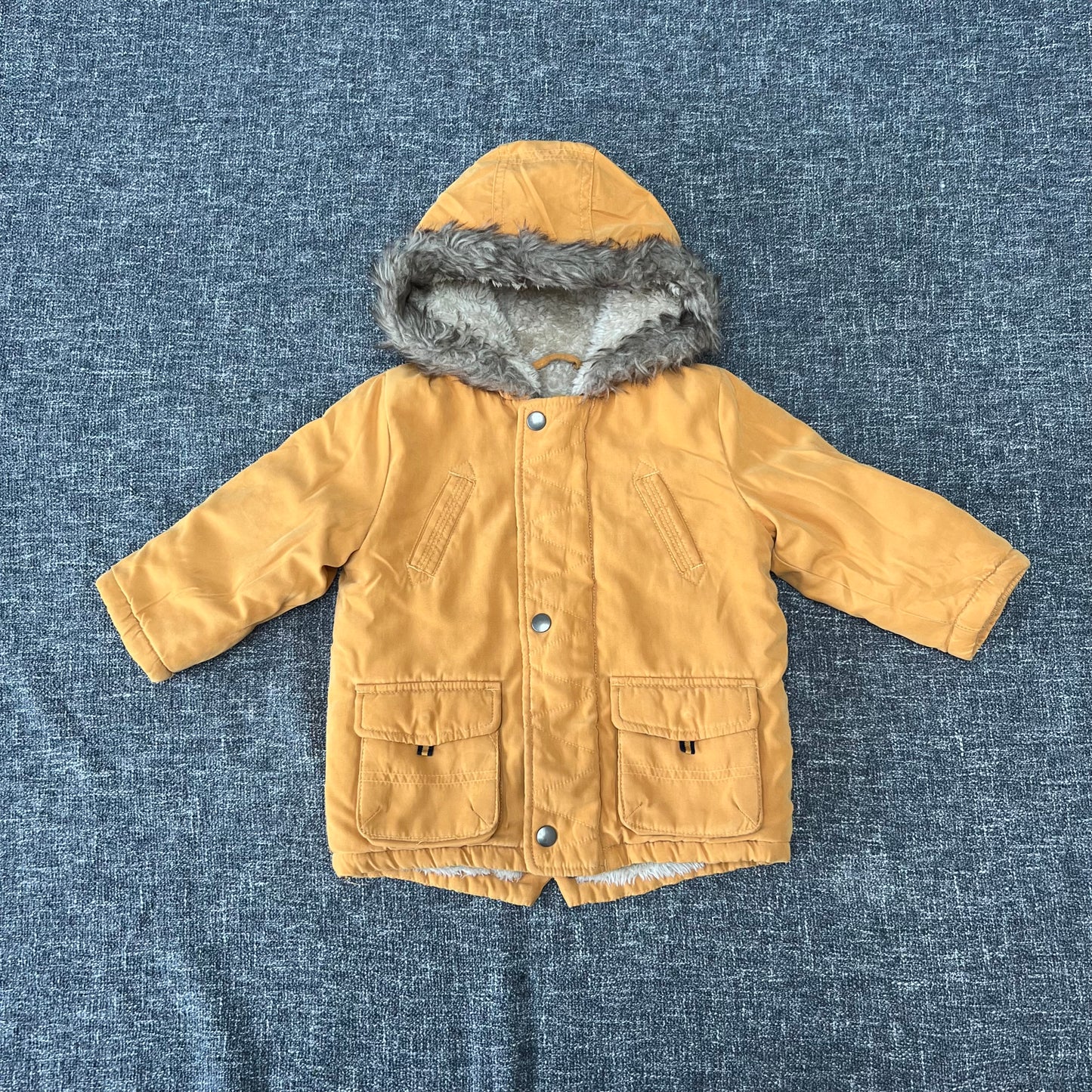 Boys 9-12 Month Yellow Winter Coat With Cream Fluffy Lining & Hood