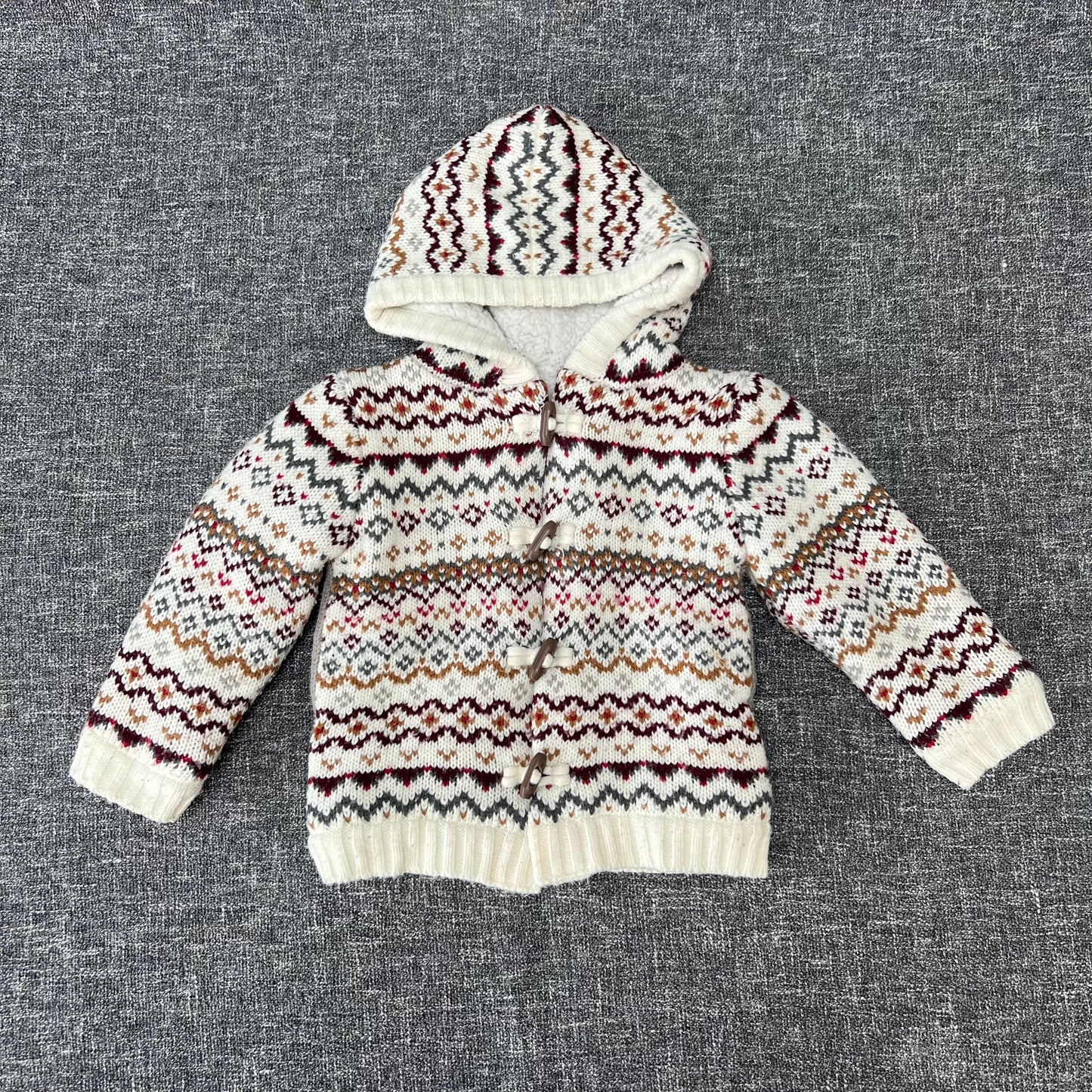 Boys 9-12 Month Cream & Multicoloured Knitted Hooded Warm Lined Jacket