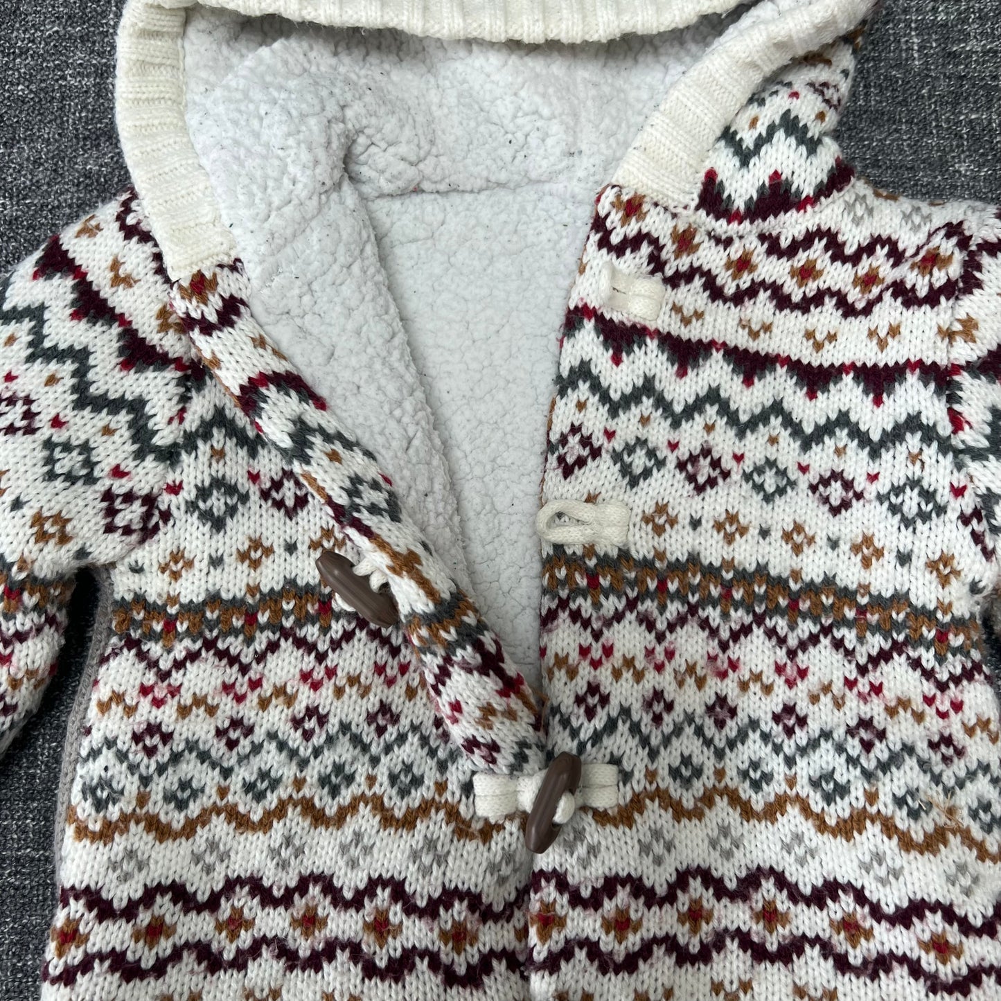 Boys 9-12 Month Cream & Multicoloured Knitted Hooded Warm Lined Jacket