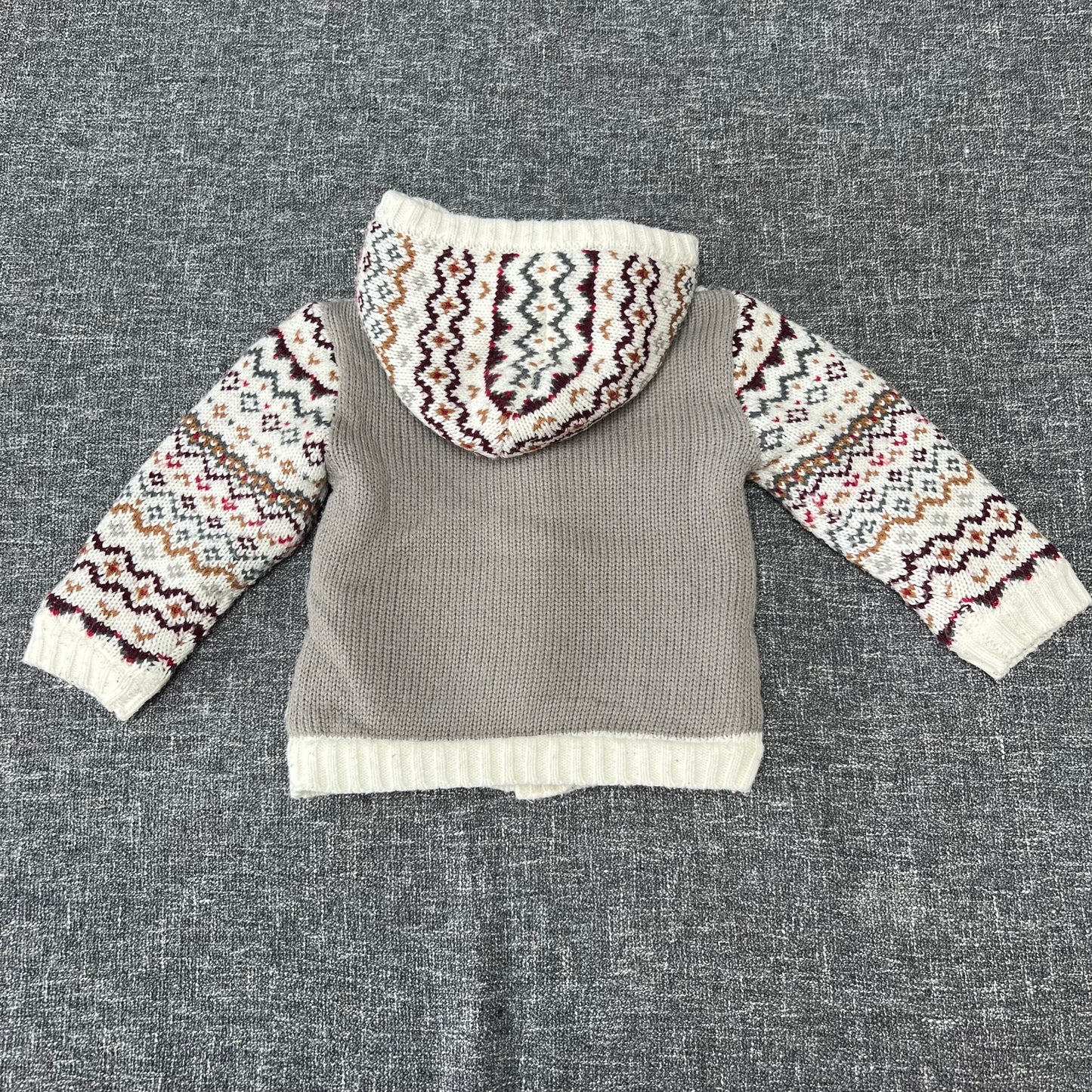 Boys 9-12 Month Cream & Multicoloured Knitted Hooded Warm Lined Jacket