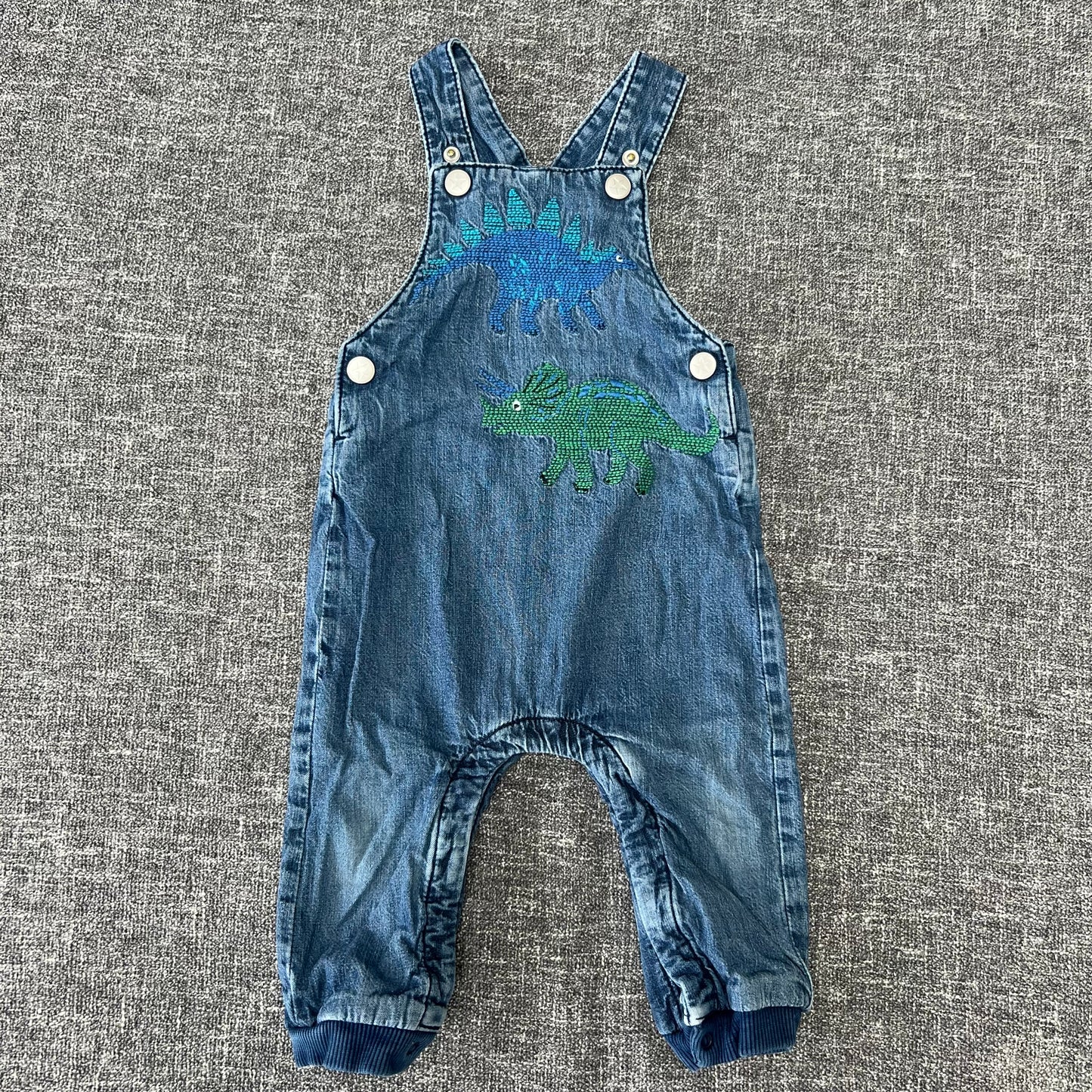 Boys 9-12 Month Blue Denim Dungarees With  Embroidered Dinosaurs