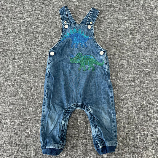 Boys 9-12 Month Blue Denim Dungarees With  Embroidered Dinosaurs