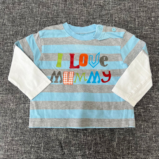 Boys 9-12 Month Blue & Grey Striped "I Love Mummy" Long Sleeved Top