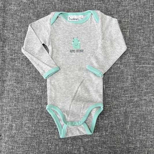 Boys 9-12 Month Grey "Hippo Hooray" Long Sleeved Bodysuit