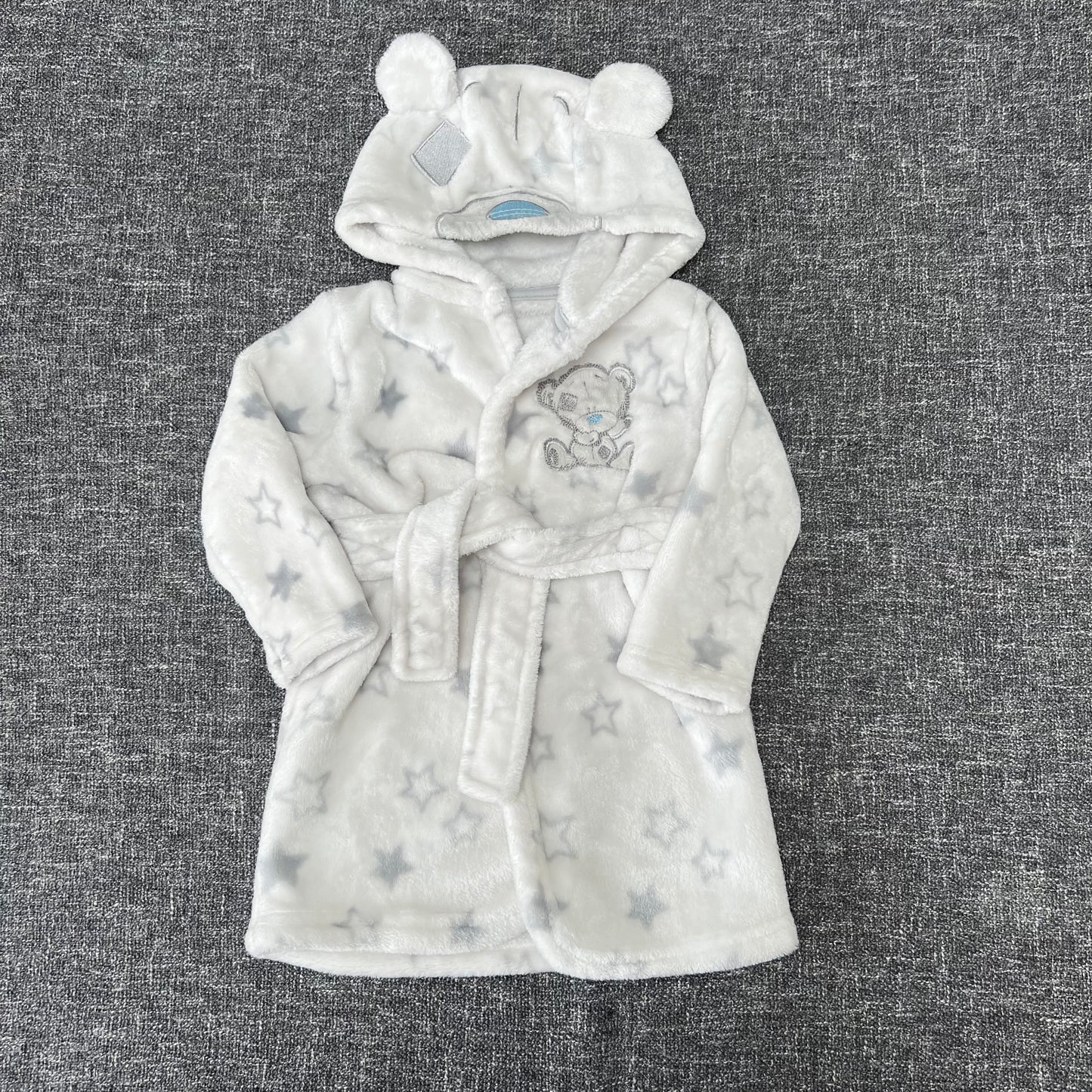 Boys 9-12 Month White & Grey "Tiny Tatty Ted" Dressing Gown With Hood