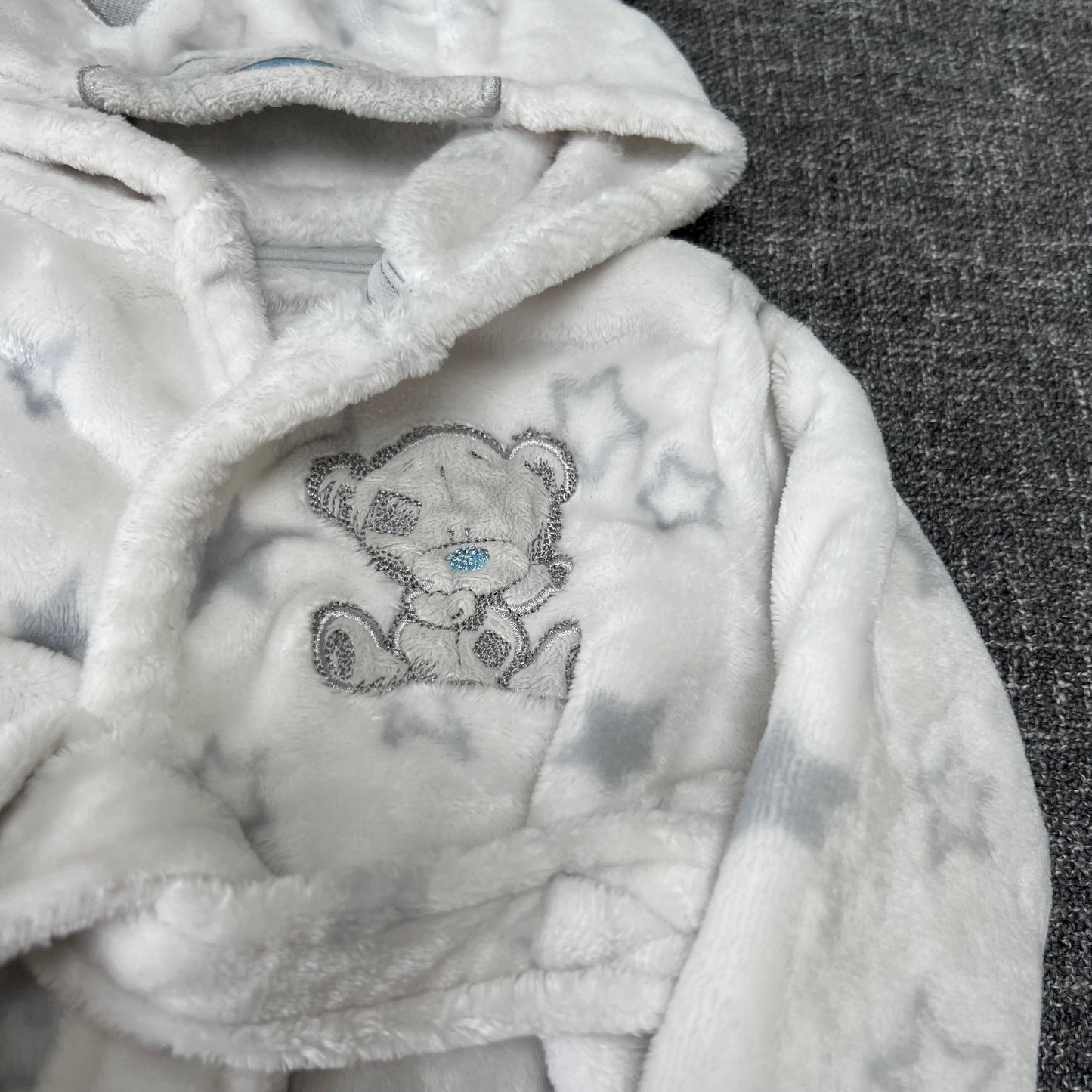 Boys 9-12 Month White & Grey "Tiny Tatty Ted" Dressing Gown With Hood