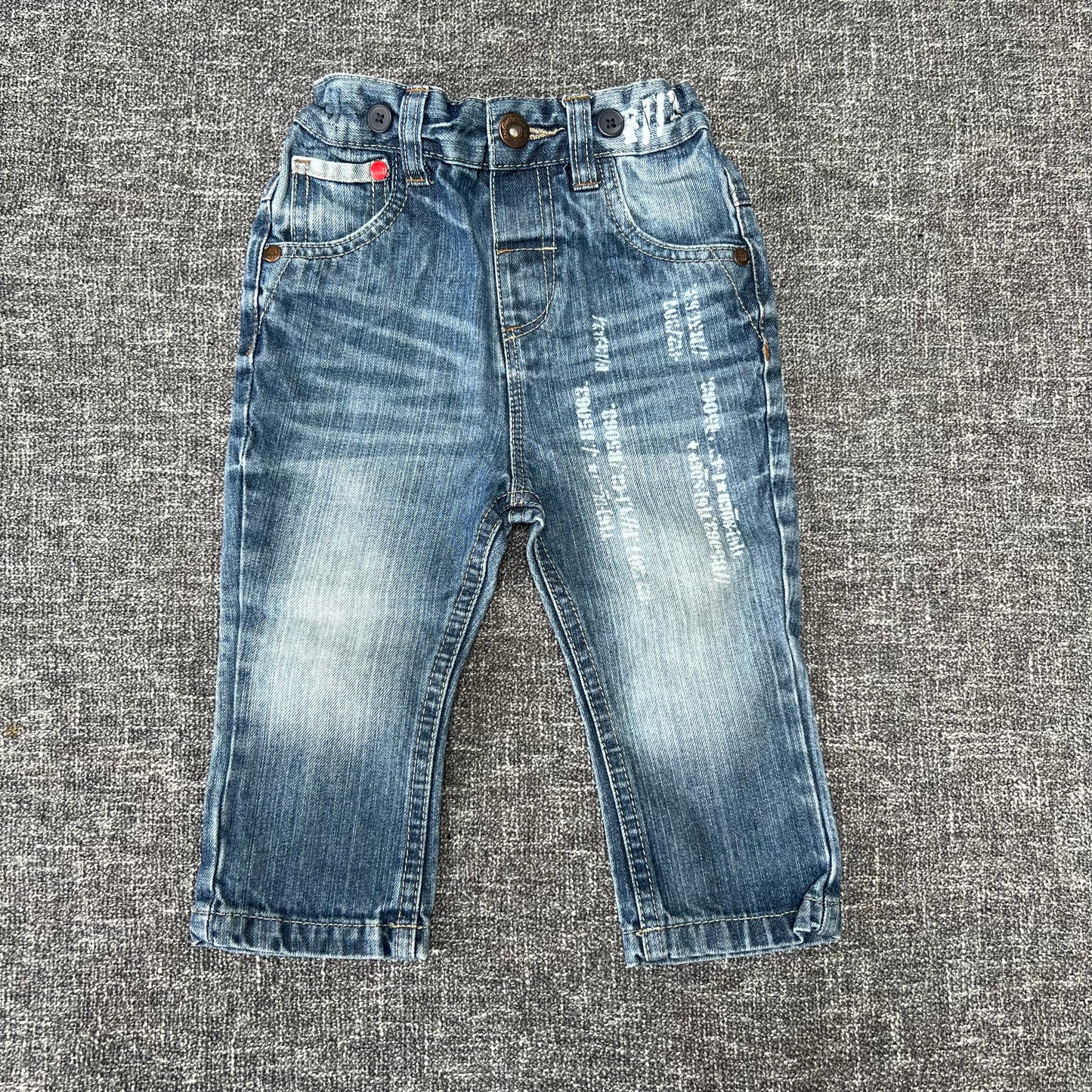 Boys 9-12 Month Blue Denim Jeans  With Printed Text.