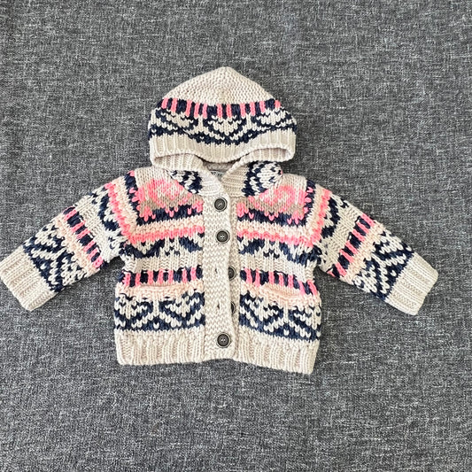 Girls 6-9 Month Beige, Pink & Blue Chunky Knit Hooded Cardigan