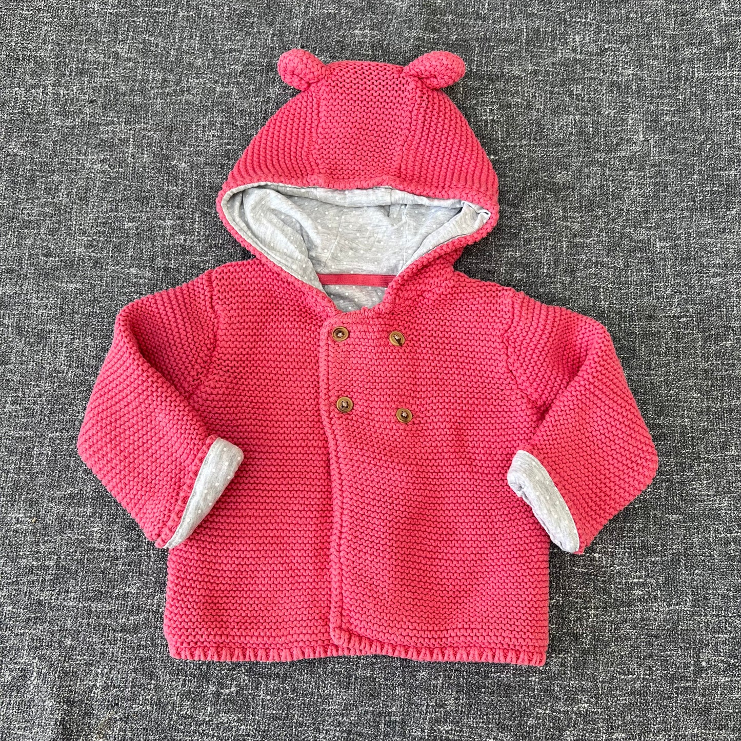 Girls 6-9 Month Peachy Pink Knitted Hooded & Lined Cardigan