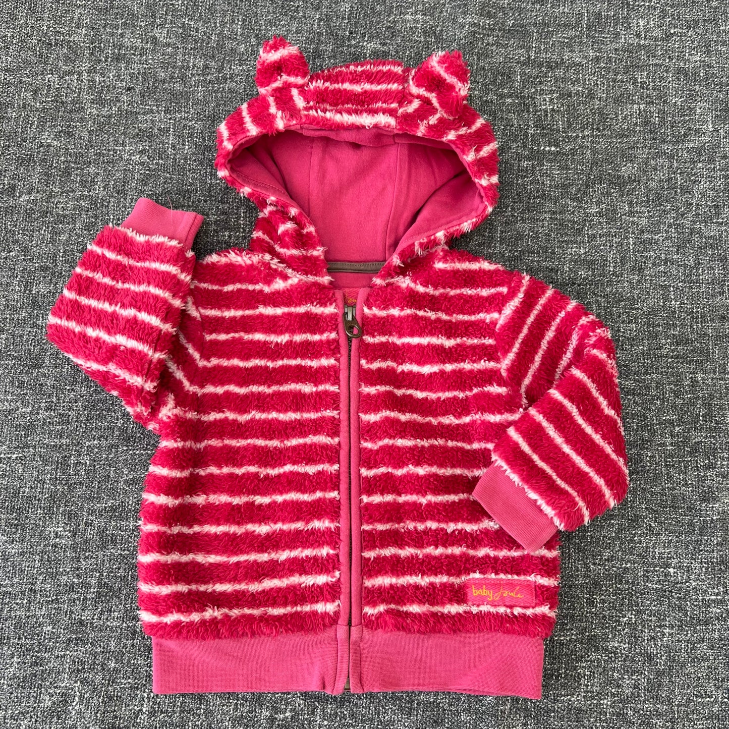 Girls 6-9 Month Pink & White Striped Fluffy Zip Front Hooded Cardigan