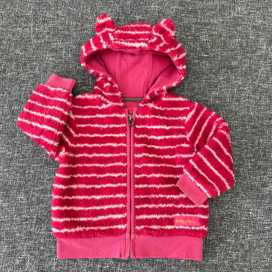 Girls 6-9 Month Pink & White Striped Fluffy Zip Front Hooded Cardigan