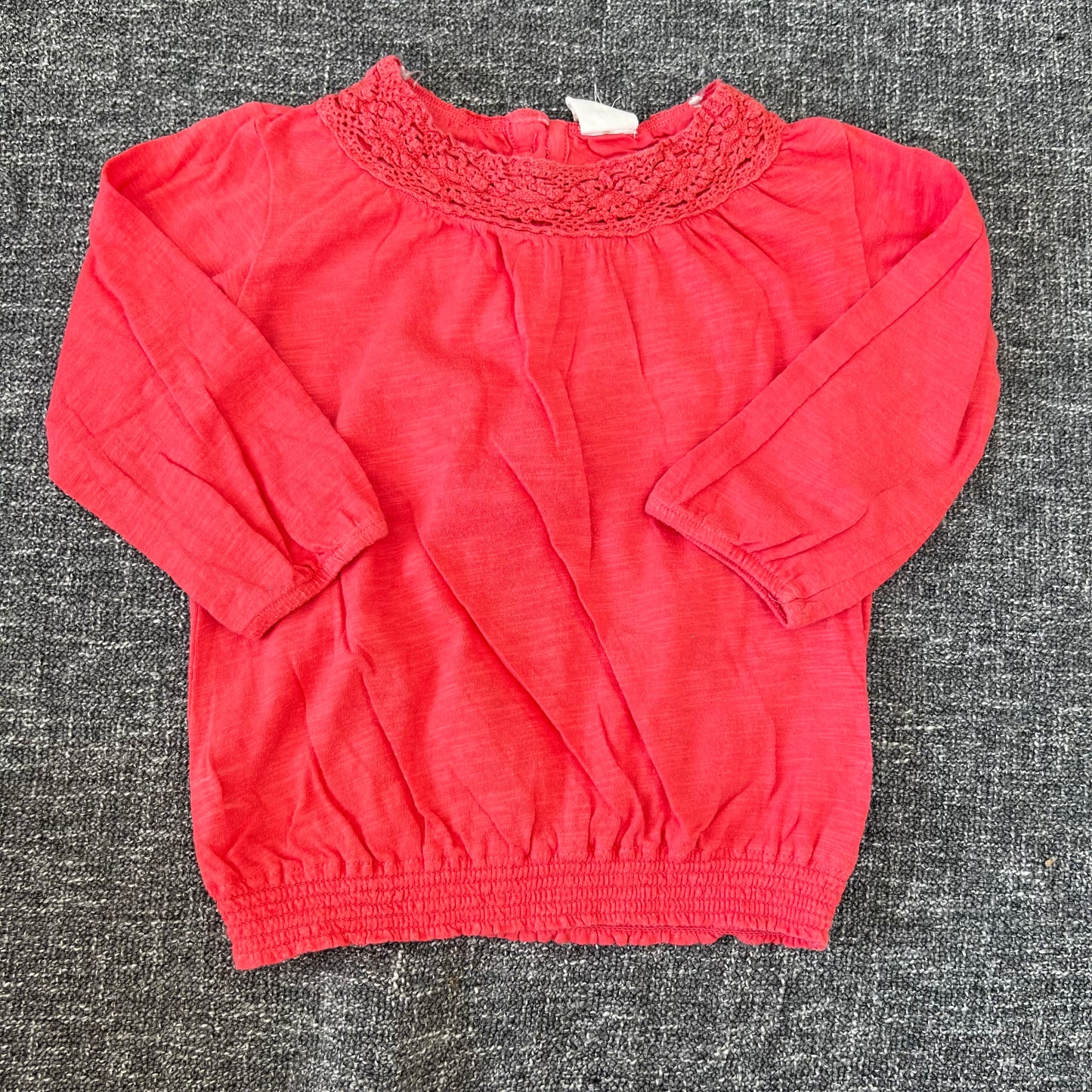 Girls 6-9 Month Orangey Red Long Sleeved Top With Lace Trim Around The Neck Line