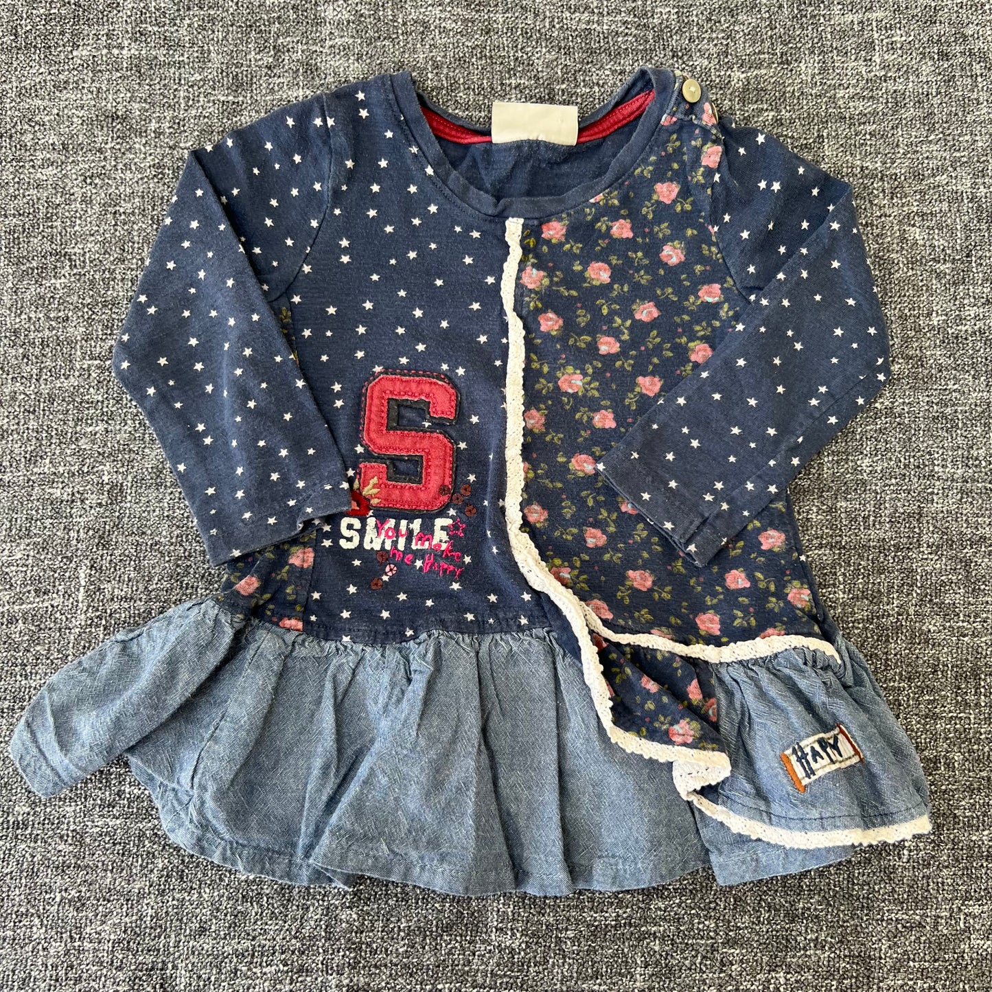 Girls 6-9 Month Blue With White Stars "Side You Make Me Happy" Long Sleeved Top