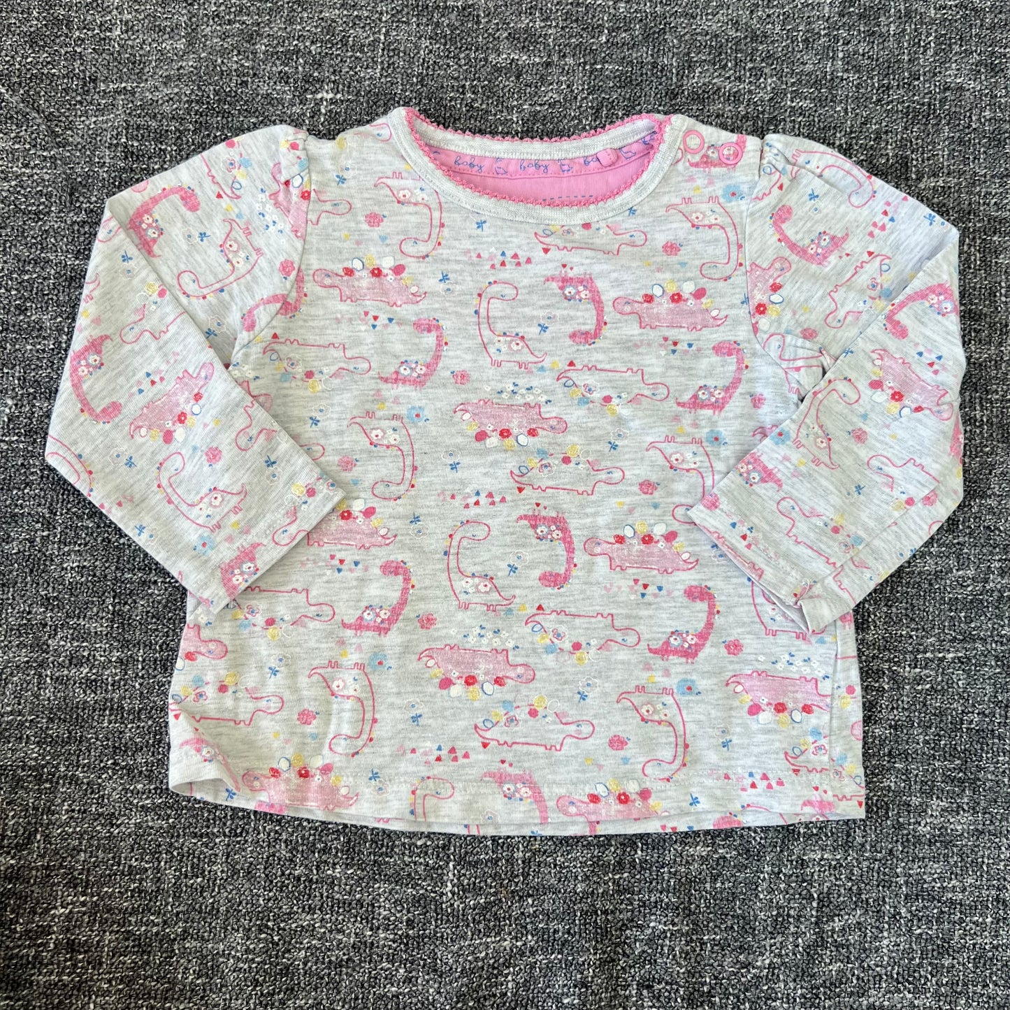 Girls 6-9 Month Grey Long Sleeved Top With Pink Dinosaur Print